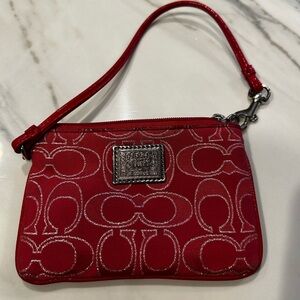 Coach Poppy Signature Lurex Ruby Red & Pink Wristlet with Silver Details